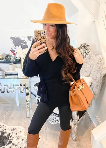 Miniatura 3 de KIRUNDO - Suéter de punto acanalado para mujer, cuello en V, para otoño 2020, jersey de punto con lazo