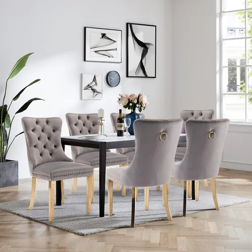 Miniatura 124 de Juego de 4 Sillas de Comedor de Terciopelo Tapizadas con Capitoné, Sillas Laterales de Cocina con Ribete de Tachuelas y Patas Chapadas en Oro