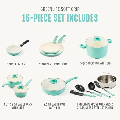 Miniatura 4 de GreenLife Soft Grip - Juego de utensilios de cocina de 16 piezas, cerámica antiadherente no tóxica sin PFAS, ollas, sartenes, salseras, sartén