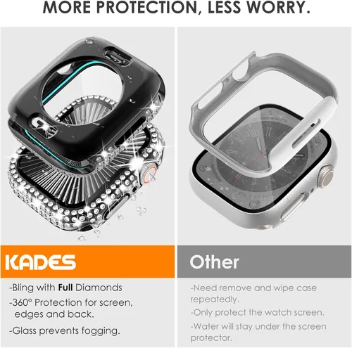 Miniatura 3 de Funda delantera y trasera, 2 en 1, brillante, impermeable, 360°, de policarbonato y protector de pantalla de vidrio para iWatch 8 y 7 de 41 mm, Negro