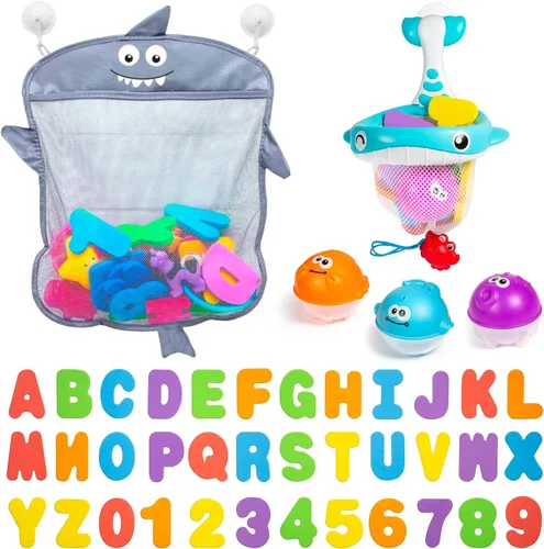 Miniatura 9 de Comfylife Organizador de juguetes de baño para bebé, tiburón, 36 letras y números de baño, red de almacenamiento de juguetes de baño adicional y 10