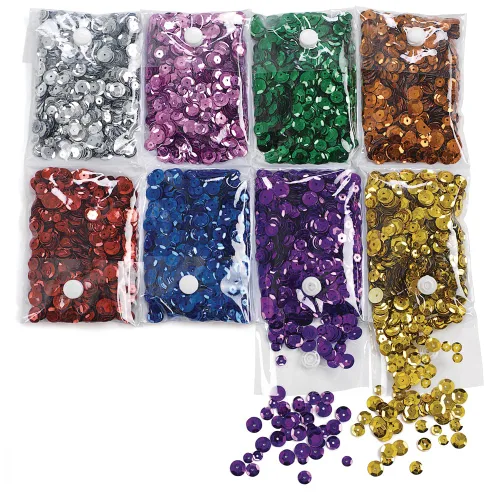 Colorations® Paquete de lentejuelas súper coloridas, fáciles de pegar, 8 colores, bolsas de almacenamiento, ideal para manualidades, fabricación de