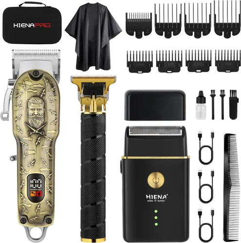HIENA PRO Juego de cortapelos y kit de recortadora para hombres, afeitadora eléctrica profesional de papel de aluminio y recortadora de barba,