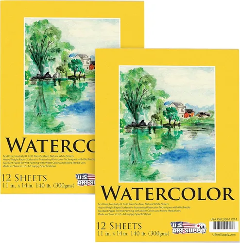 U.S. Art Supply Bloc de papel de acuarela pesado de alta calidad de 11 x 14 pulgadas, paquete de 2 (12 hojas cada uno), 140 libras (10.58 oz/m²),