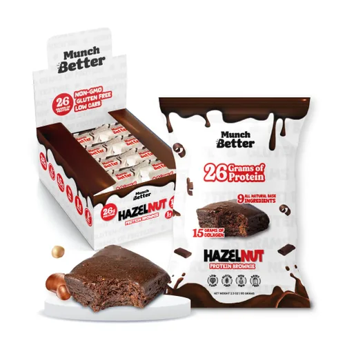 Munch Better Brownies de proteína de avellana - 0.92 oz de proteína, sin lácteos, sin gluten, bajos en azúcar, 0.55 onzas de colágeno, ingredientes