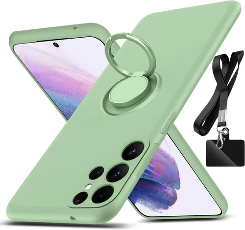 Miniatura 9 de Funda para Galaxy S22 Ultra, con soporte de anillo giratorio de 360° y correa de silicona líquida, delgada, a prueba de golpes, funda protectora Azul