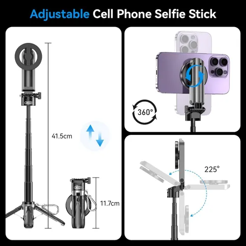 Miniatura 2 de Trípode magnético para iPhone con control remoto, palo selfie portátil 4 en 1 con soporte extensible, trípode de viaje para teléfono para iPhone 17