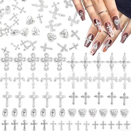 Miniatura 8 de 110 dijes de uñas de cruz dorada, dijes de gemas de uñas de cruces doradas, 11 estilos Y2K de aleación de cruz dorada brillante para suministros