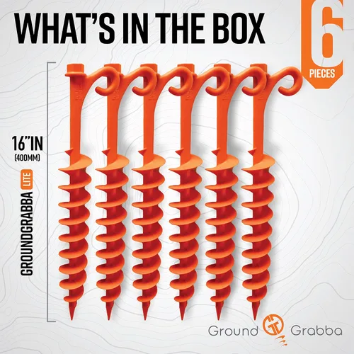 Miniatura 7 de GROUNDGRABBA Lite - Estacas naranjas para tienda de campaña, estacas para arena, anclajes de tierra atornillados para un máximo agarre y longevidad