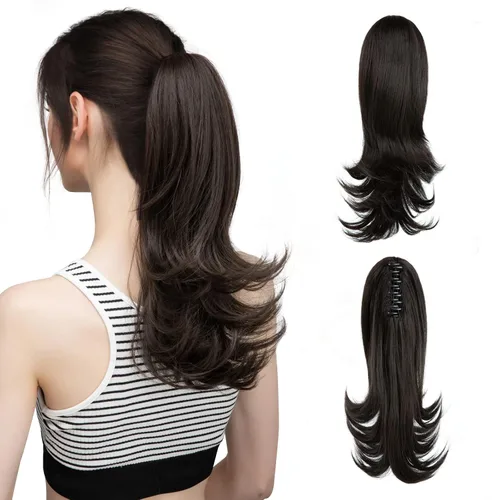 Miniatura 19 de CJL HAIR - Extensión de cola de caballo con clip de garra corto, cordón elástico, cabello rizado falso, balayage, pieza de cabello sintético, fibra