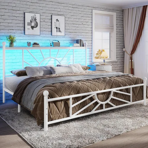 Miniatura 16 de Homkdom Marco de cama de plataforma de metal tamaño Queen de 14 pulgadas con cabecero, marco de cama victoriano Queen con almacenamiento debajo