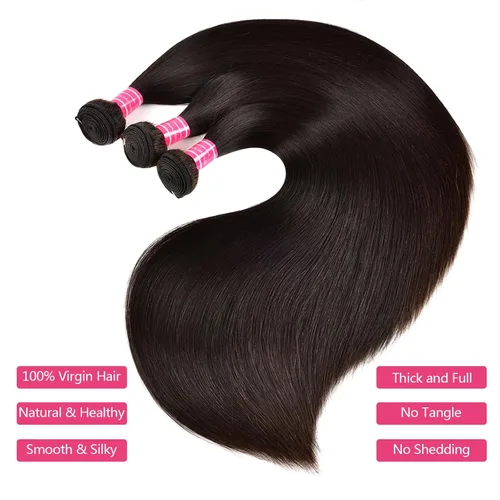 Miniatura 3 de Extensiones de cabello humano lacio 10A 100% sin procesar, cabello virgen brasileño, lacio, 3 paquetes de 16, 18, 20 pulgadas, extensiones