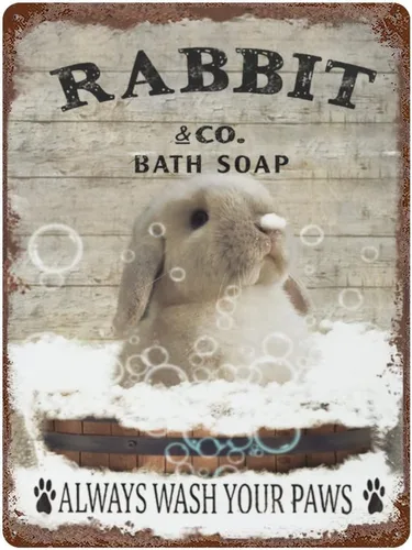 Plato colgante de hierro vintage con diseño de conejo y jabón de baño de metal, letrero de lata de «Wash Your Paws», divertido letrero de conejo