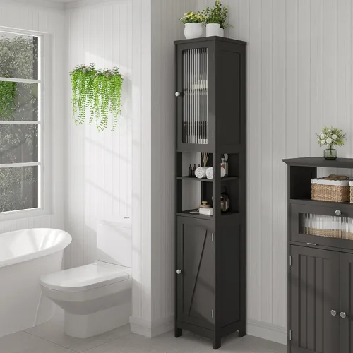 Miniatura 2 de ChooChoo Armario Alto de Almacenamiento para Baño con Luz, Gabinete de Baño Estrecho de 5 Niveles con 2 Puertas, Gabinete de Ropa Blanca Delgado