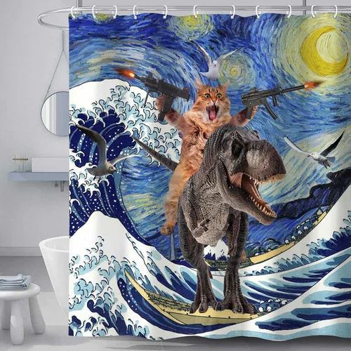Miniatura 2 de Divertido juego de cortina de ducha con diseño de gato, dinosaurio japonés con ondas oceánicas, cortinas de baño divertidas para niños, decoración