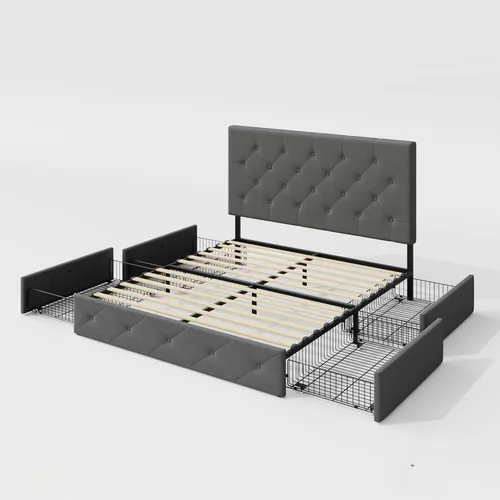Miniatura 9 de Allewie - Marco de cama tapizado tamaño Queen con plataforma, 4 cajones de almacenamiento y cabecera, base de colchón tapizada con botones cosidos