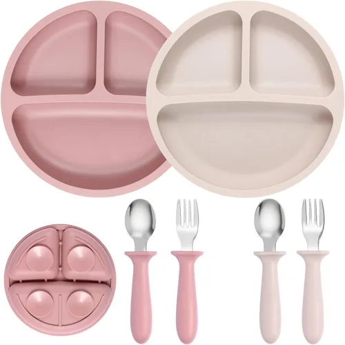 Miniatura 9 de Eascrozn Juego de Alimentación para Bebé, 2 Paquetes de Placas de Succión Divididas de Silicona para Bebé, 2 Paquetes de Juego de Cucharas