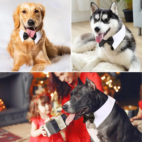 Miniatura 3 de Collar de esmoquin con moño para perro Segarty - Corbatín negro con corbata de cuello ajustable y hecha a mano en blanco para gatos y perros machos