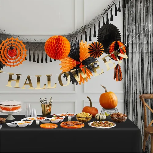 Miniatura 7 de Eunika 12 manteles de plástico desechables de Halloween, 54 x 108 pulgadas, mantel italiano rectangular a granel, negro, naranja, morado