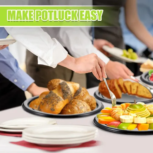 Miniatura 6 de Tessco - 6 bandejas y tapa de servicio resistente, 12 hojas de papel de cera de delicatessco, platos redondos de plástico negro con tapas