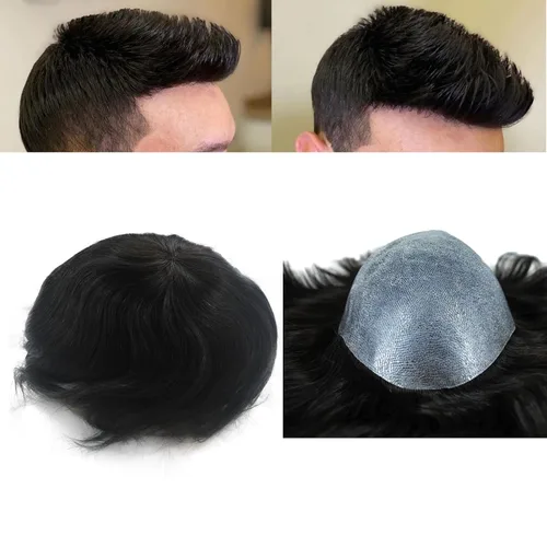 Miniatura 2 de Toupee negro para hombres sistema de cabello humano 1B PU piel postizos inyección (9 * 7 pulgadas)