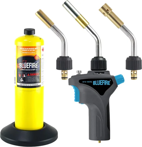 BLUEFIRE - Antorcha de soldadura de gas con mango de metal, tubo reemplazable, combustible por MAPP MAP/PRO y propano, herramienta de grado