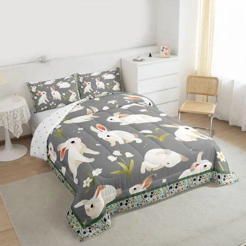 Miniatura 2 de Feelyou Juego de ropa de cama de conejo para niños, tamaño individual, juego de edredón de conejo para niñas y mujeres, edredón de plumón verde
