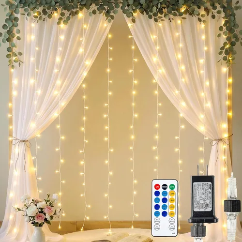 HEYFUNi Luces de cortina de color blanco cálido de 6.6 x 6.6 pies con enchufe, 200 luces LED para ventana con control remoto, 8 modos, temporizador