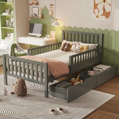 Bellemave Base de cama individual para niños con vallas y 2 cajones, plataforma de madera tamaño individual con barandillas en ambos lados para