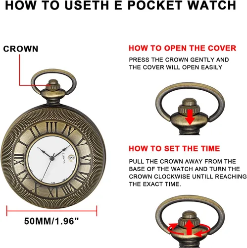 Miniatura 7 de Hollow Roman Digital Pocket Watch Cover para hombre, calendario romano Dial Reloj de bolsillo de cuarzo para hombre con cadena