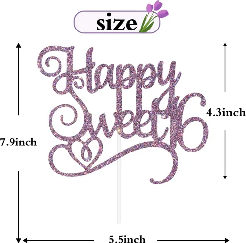 Miniatura 5 de Happy Sweet 16 - Decoración para tartas de cumpleaños de 16 años, decoraciones de feliz cumpleaños de 16 años para niñas y niños, purpurina morada
