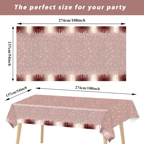 Miniatura 2 de 3 piezas de manteles de plástico con lentejuelas de color oro rosa para fiestas de cumpleaños, con estampado de diamantes de purpurina, fondo