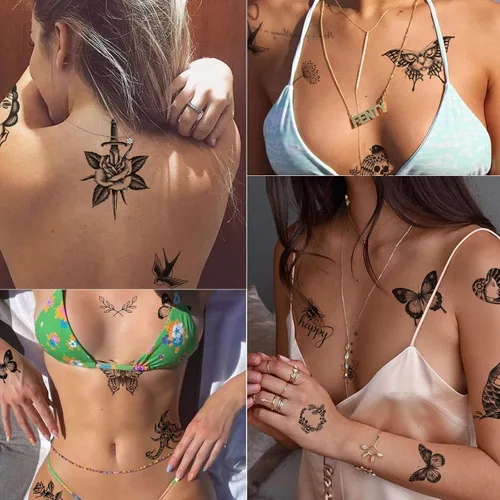 Miniatura 7 de Tazimi 8 hojas de tatuajes temporales grandes en negro para mujeres y niñas, tatuajes falsos realistas de mariposas, serpientes, abejas