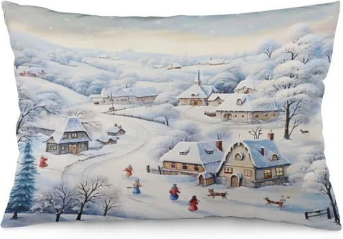 Miniatura 29 de Funda de almohada con escena de pueblo navideño con niños, fundas de almohada de 12 x 20 pulgadas, almohadas decorativas de Navidad para sofá, funda