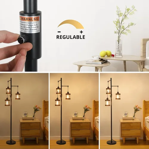 Miniatura 2 de Lámparas de pie regulables para sala de estar, lámpara de pie industrial de 3 luces con jaula de madera y metal, lámpara de pie de granja lámpara