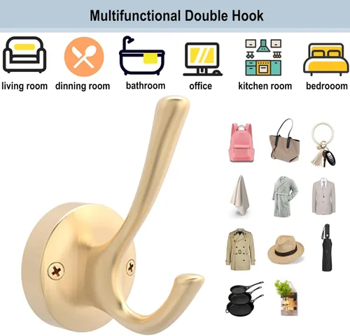 Miniatura 5 de TOFIIGREM Ganchos dorados para pared, paquete de 3 ganchos para toallas, de metal resistente, doble gancho para bata de baño, ganchos
