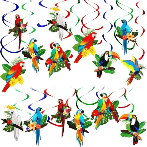 Crtiin 30 suministros de fiesta de pájaros tropicales, decoraciones hawaianas tropicales, loro tucán colgante, remolino, decoración de techo para