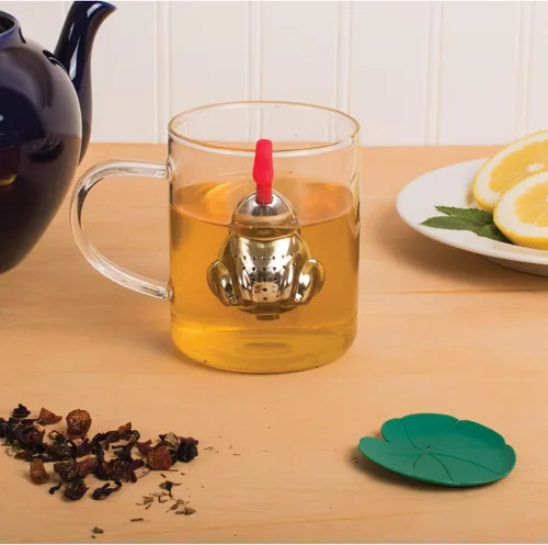 Miniatura 4 de HIC Kitchen Infusor de té con bandeja de goteo, almohadilla de rana y lirio, acero inoxidable 18/8 y plástico