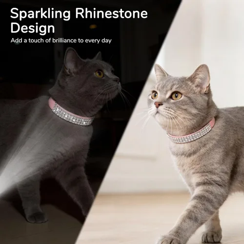Miniatura 3 de BINGPET collar ajustable para gatos, de terciopelo suave, seguro, collares Bling diamante con cascabel, Adjustable, Rosado claro Rosa