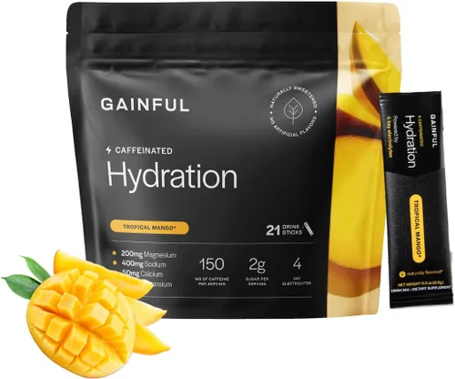 Gainful Paquetes de hidratación + cafeína en polvo con electrolitos clave, magnesio y sodio + L teanina, mezcla de bebida baja en azúcar, mango