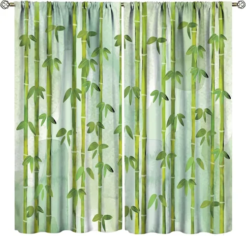 Miniatura 43 de Cortinas con estampado de bambú verde natural, plantas asiáticas, japonesas, tallos rústicos, hojas, cortina de selva con bolsillo para cortinero