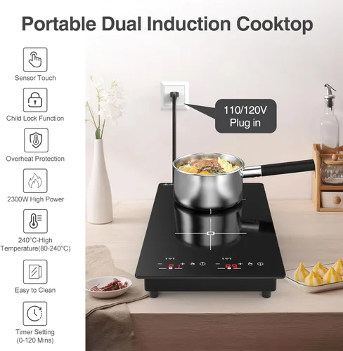 Miniatura 5 de VBGK Placa de cocción de doble inducción, 2300 W, 110 V, portátil, con pantalla táctil LED, 9 niveles de configuración, placa eléctrica con bloqueo
