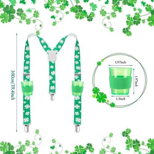Miniatura 2 de Geyoga 3 juegos de tirantes verdes para el día de San Patricio tirantes elásticos ajustables para hombre con clips trébol con copas y alfileres