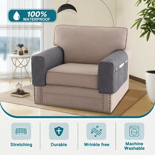 Miniatura 2 de Turquoize Fundas impermeables para reposabrazos de sillas y sofás, 2 unidades, protectores de brazo para sofá con bolsillo lateral, protector