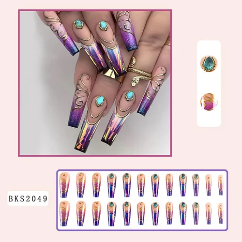 Miniatura 5 de Uñas postizas largas cuadradas de acrílico artificiales con punta francesa, diseño de mariposa dorada, diseño de mariposa dorada, uñas postizas