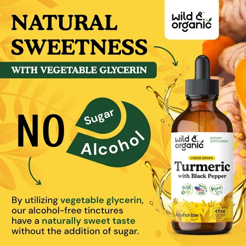 Miniatura 6 de Wild & Organic Suplemento de cúrcuma gotas líquidas - Movimiento y apoyo inmunológico - Cúrcuma líquida con extracto de pimienta negra - Añadir a