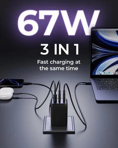 Miniatura 2 de wegear Cargador USB C de 67W, Bloque de Carga Rápida GaN de 3 Puertos con Enchufe Plegable, Compatible con MacBook Pro/Air, iPad Pro, iPhone