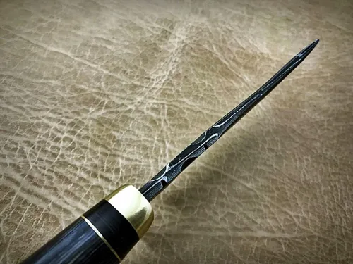 Miniatura 5 de Cuchillo de hoja fija de acero de Damasco con funda de cuero, escala de madera redonda con protector de dedo de latón y tapa, cuchillo de piel de 8