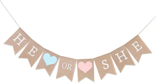 Cartel de arpillera con texto en inglés «He or She – Decoración de baby shower, revelación de género, cartel rústico de ducha para niñas y niños,
