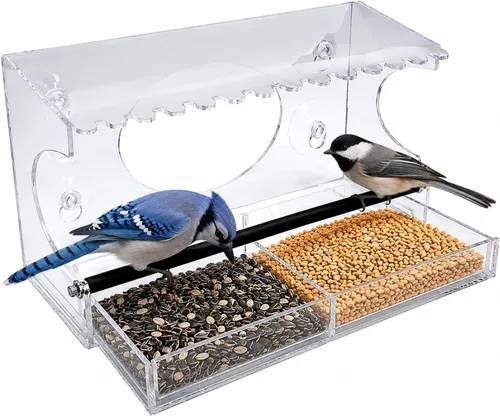 Comedero de ventana para pájaros – Modelo 2018 - Tejado extendid o – Perca de acero – Con alimentación deslizante de acero para desagües de agua –